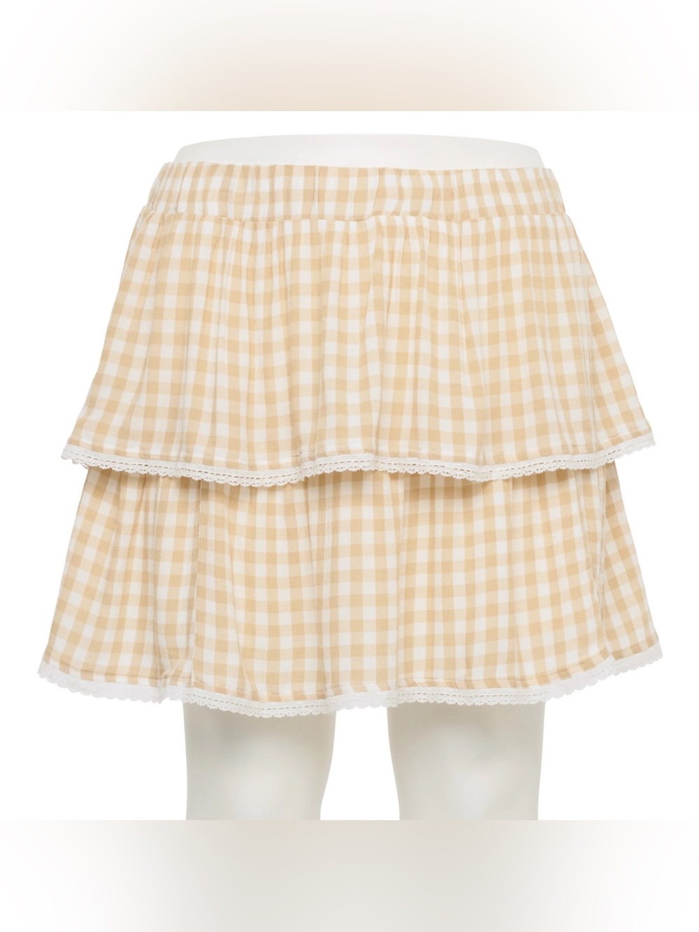 Gingham Plaid Ruffle Mini Skirt Two Tier Tan & White Small Cottage core Western